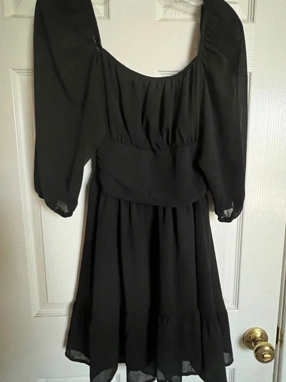 Black Puff Sleeve Mini Dress with Tie Bow